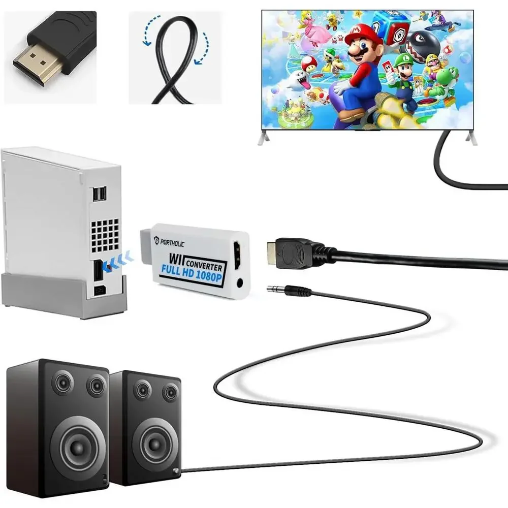 PORTHOLIC Wii to HDMI Converter 1080P for Full HD Device White Adapter